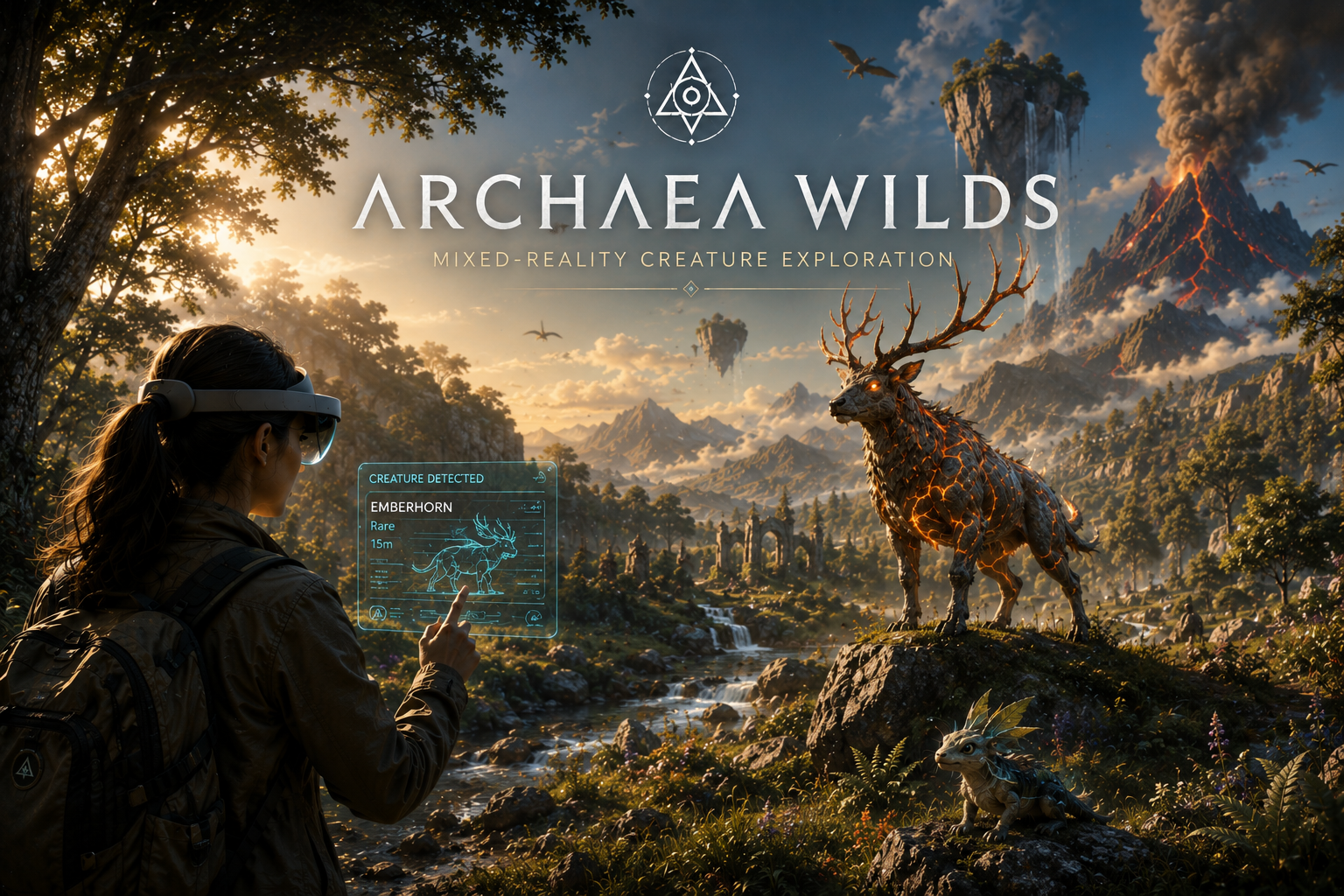 Archaea Wilds concept art: an explorer wearing mixed-reality glasses encounters the Emberhorn creature in a fantasy landscape